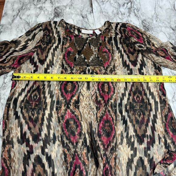 Chicos 3 Womens XL Tunic Blouse Multicolor Paisley Long Sleeve Chiffon Top beads - Picture 4 of 5